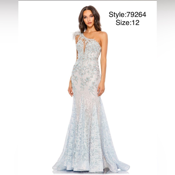 Embroidered appliqué feathered one shoulder gown- crystal blue - Picture 1 of 9